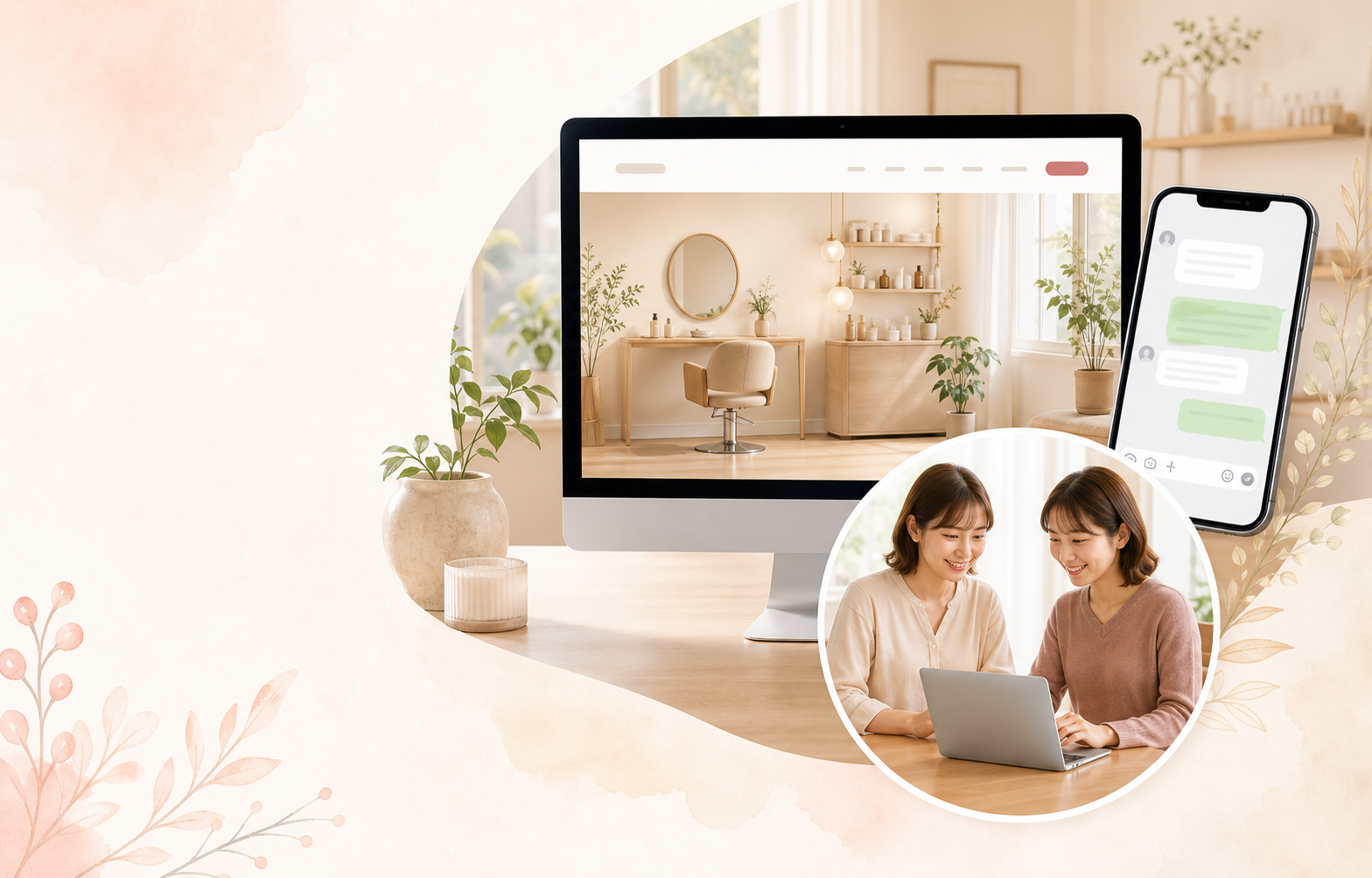 小さなお店のホームページ、LINE相談、相談風景がつながるWeb導線のイメージ
